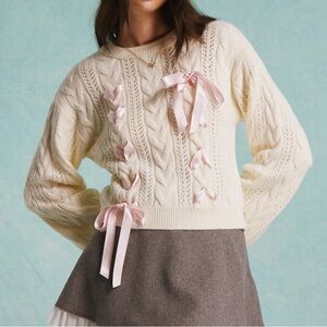 Cream Cable Knit Sweater with Pink Accents